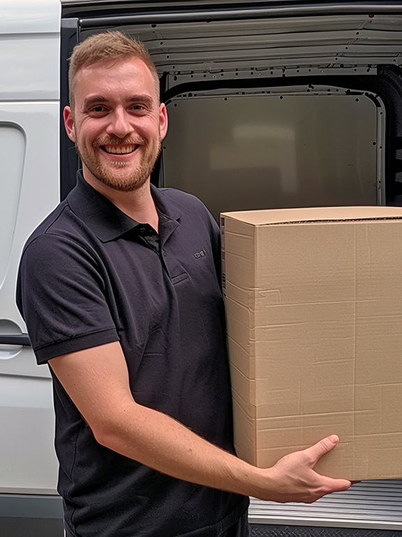 A mover holding a cardboard box in front of a white van with the back door open on a street in wembley